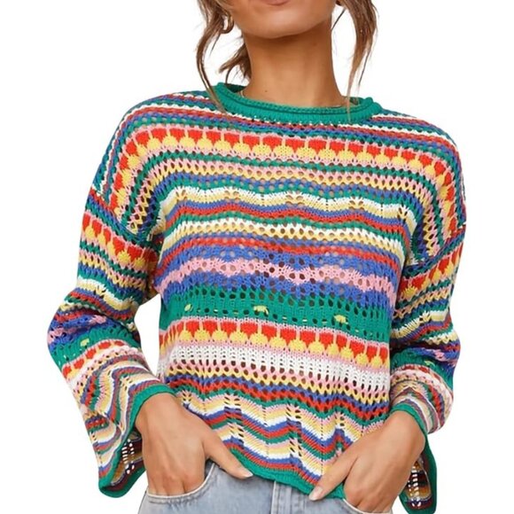 Sweaters - Vintage-Inspired Womens Crochet Sweater Multi-Colored M/L